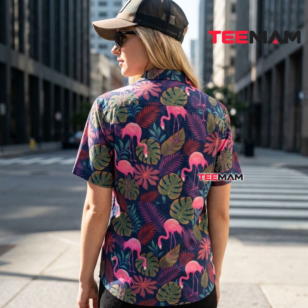 Pink Flamingo Hawaiian Shirt Tropical Monstera Leaves Dark Navy Blue Version 3 Pink Flamingo Hawaiian Shirt Tropical Monstera Leaves Dark Navy Blue Version 3