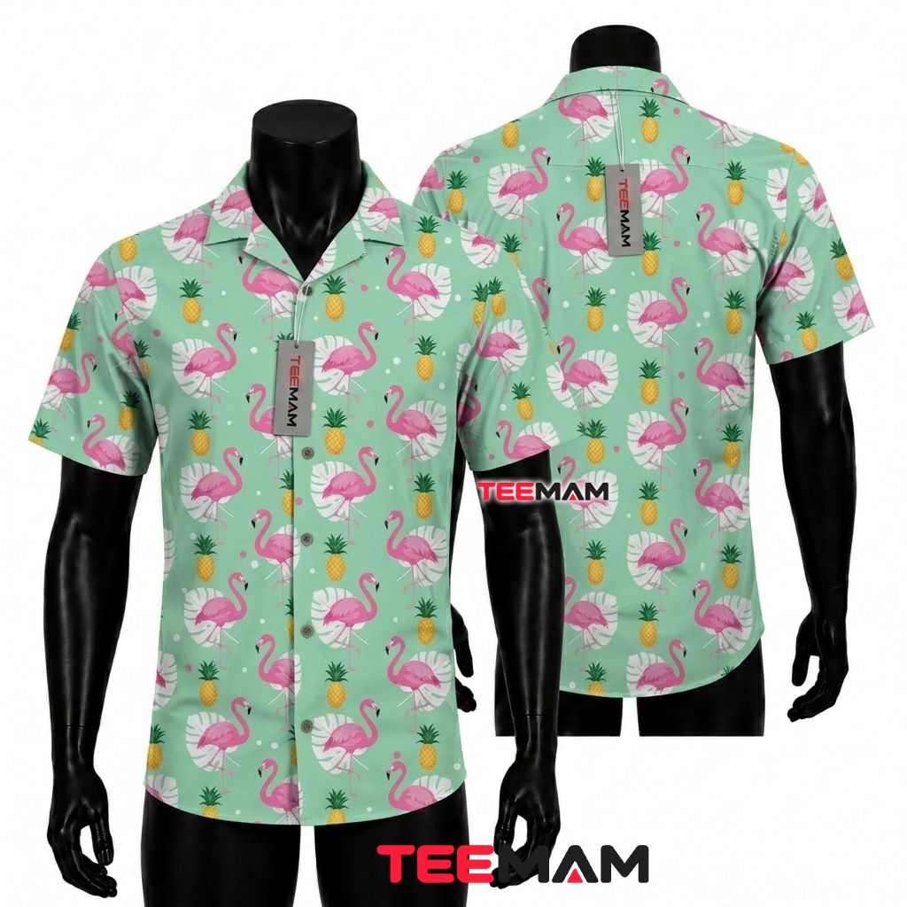 Pink Flamingo Hawaiian Shirt Tropical Pineapple Monstera Mint Green Front