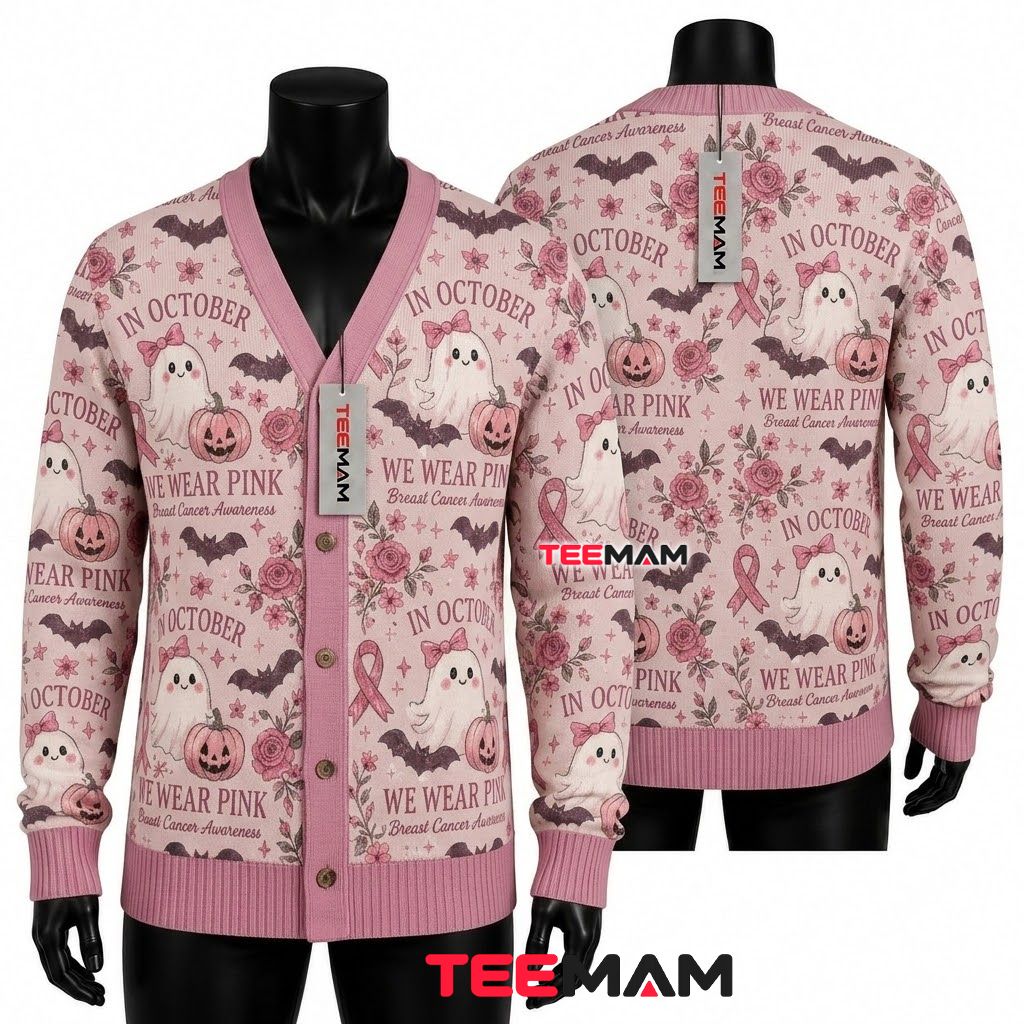 Pink Halloween Cardigan Breast Cancer Ghost Pumpkin Ribbon 1