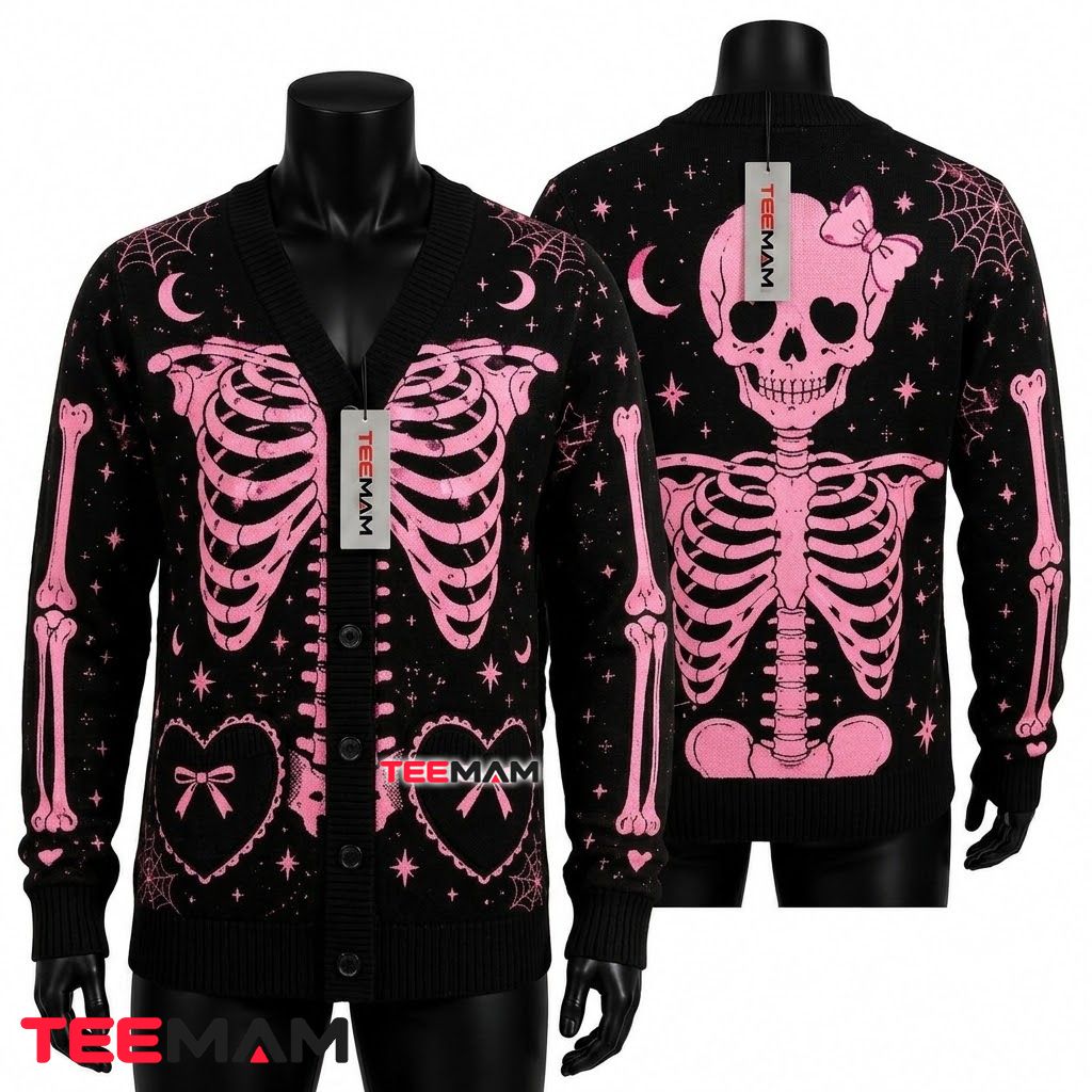 Pink Halloween Cardigan Skeleton Bow Print 1
