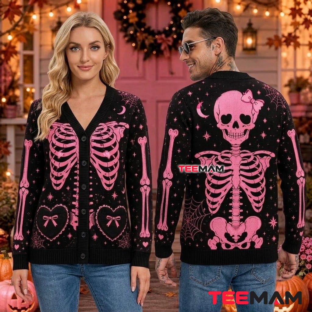 Pink Halloween Cardigan Skeleton Bow Print 2 Pink Halloween Cardigan Skeleton Bow Print 2