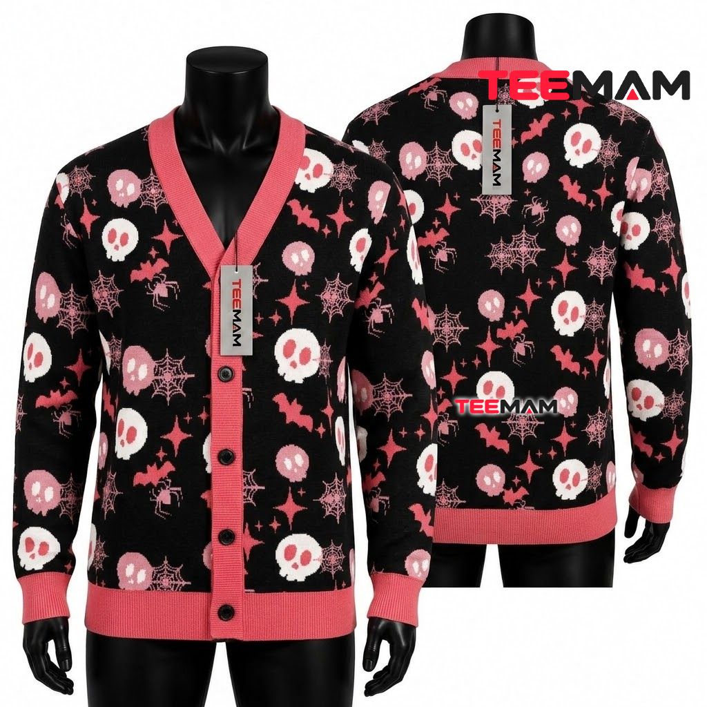 Pink Halloween Cardigan Skull Cobweb Bat Spider 1