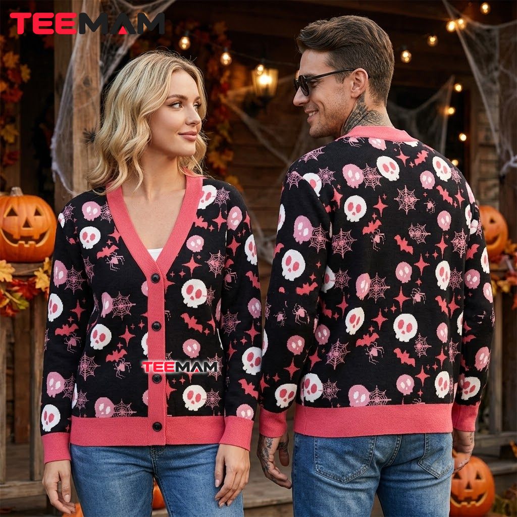 Pink Halloween Cardigan Skull Cobweb Bat Spider 2 Pink Halloween Cardigan Skull Cobweb Bat Spider 2