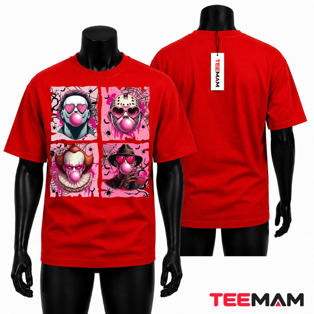 Pink Halloween Horror Characters T-Shirt Bubble Gum Heart Glasses Cutesy