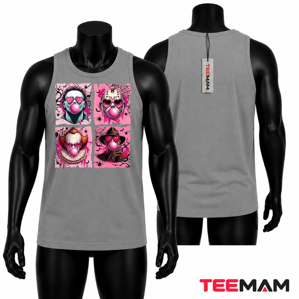 Pink Halloween Horror Characters Tank Top Bubble Gum Heart Glasses Cutesy Pink Halloween Horror Characters Tank Top Bubble Gum Heart Glasses Cutesy