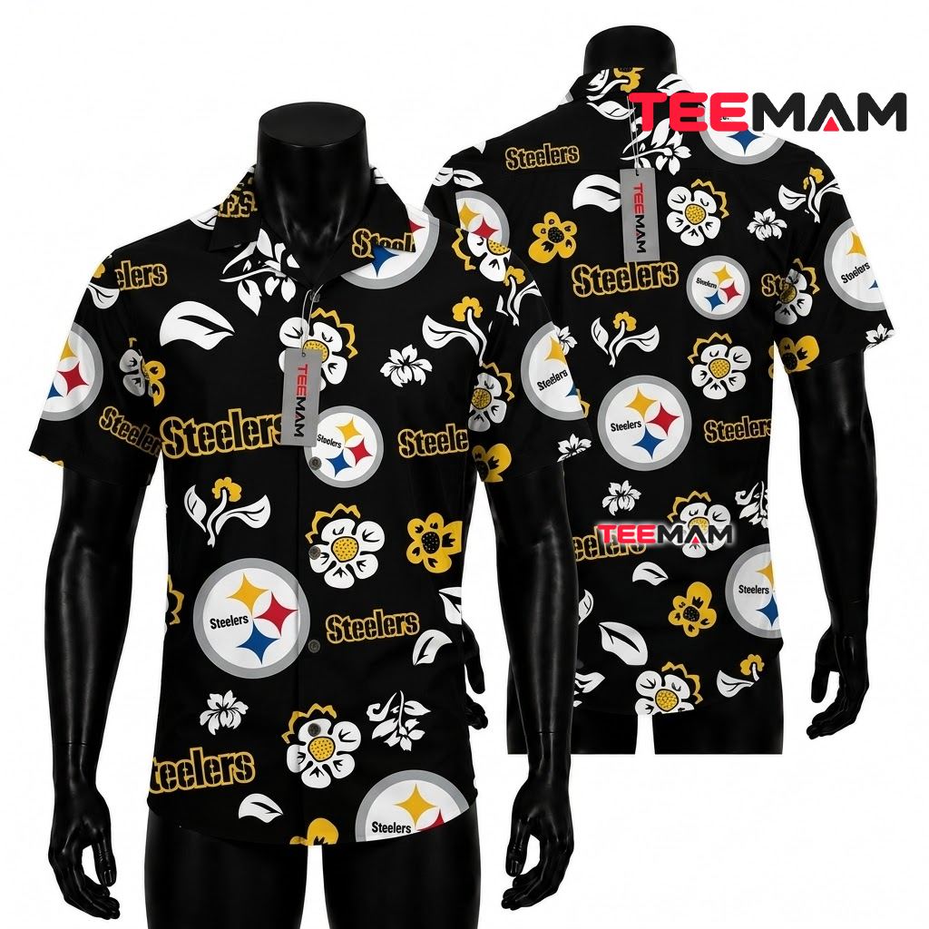 Pittsburgh Steelers Hawaiian Shirt Black Hibiscus Tropical Front