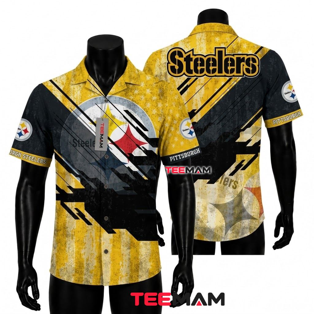 Pittsburgh Steelers Hawaiian Shirt Grunge Diagonal Front