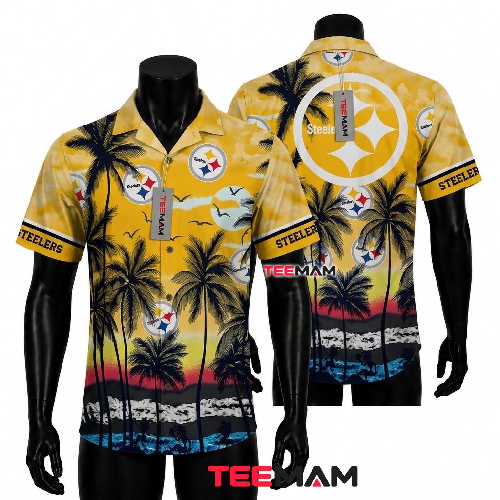 Pittsburgh Steelers Hawaiian Shirt Palm Sunset Front