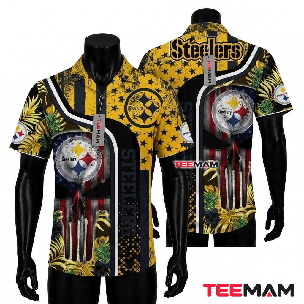 Pittsburgh Steelers Hawaiian Shirt Skull Flag Front