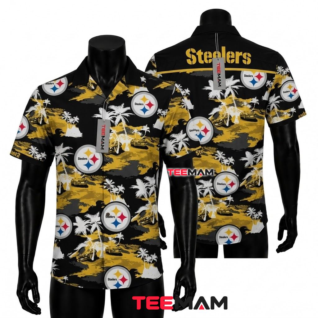 Pittsburgh Steelers Hawaiian Shirt White Palm Front