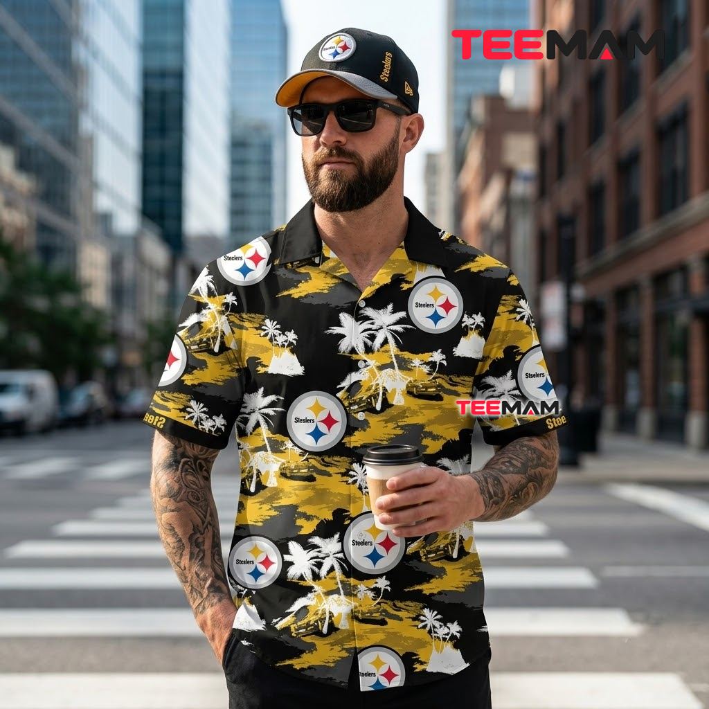 Pittsburgh Steelers Hawaiian Shirt White Palm Back Pittsburgh Steelers Hawaiian Shirt White Palm Back