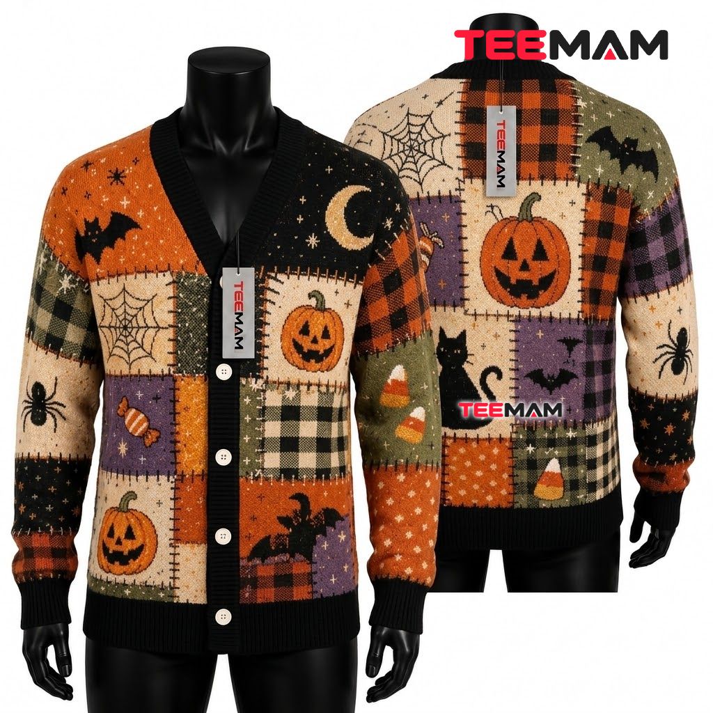 Plaid Halloween Cardigan Pumpkin Black Cat 1
