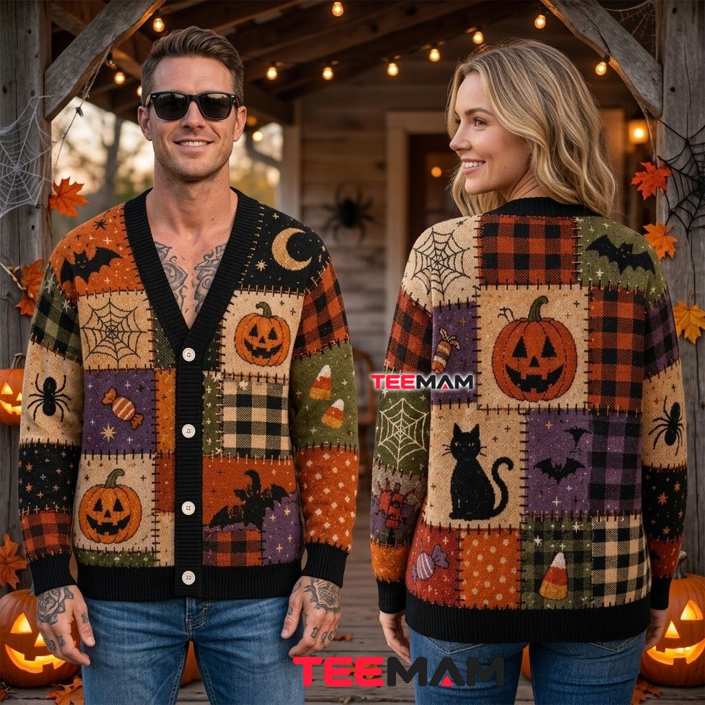 Plaid Halloween Cardigan Pumpkin Black Cat 2 Plaid Halloween Cardigan Pumpkin Black Cat 2