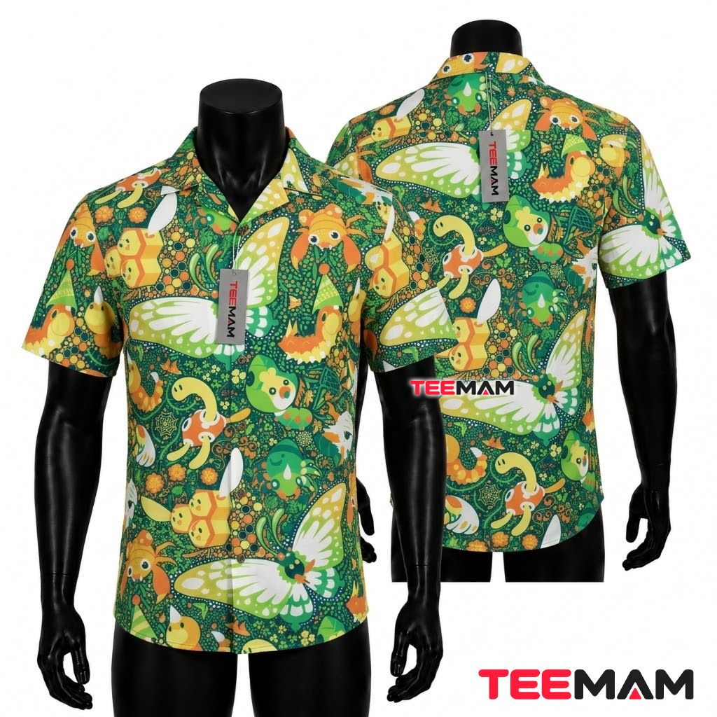 Pokemon Hawaiian Shirt Bug Type Butterfree Green Front