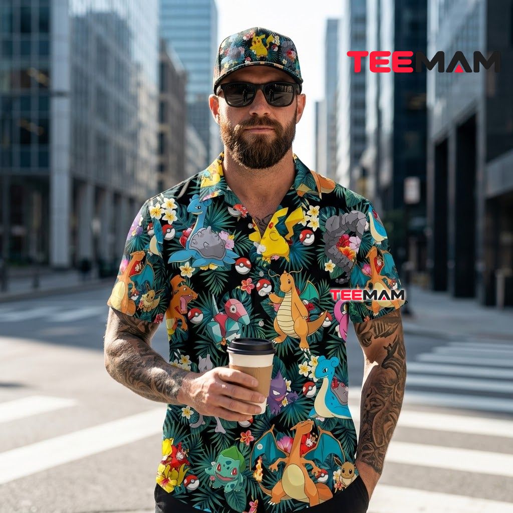 Pokemon Hawaiian Shirt Character Mix Tropical Leaf Back Pokemon Hawaiian Shirt Character Mix Tropical Leaf Back