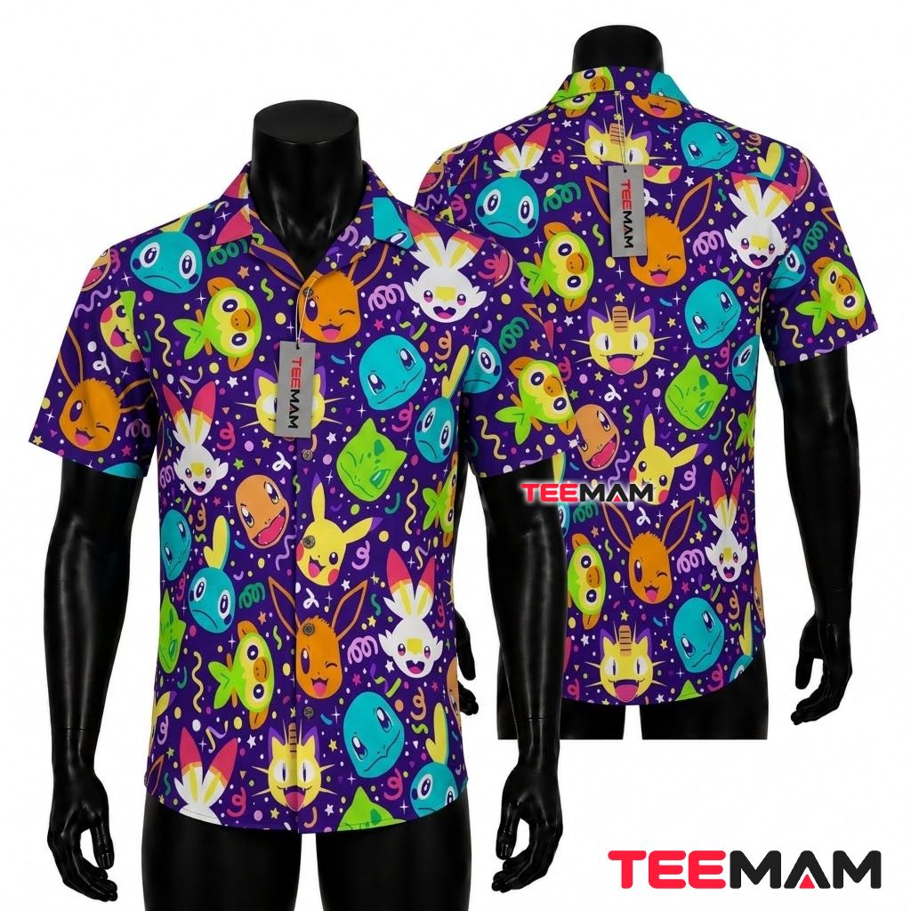 Pokemon Hawaiian Shirt Confetti Face Purple Party Front