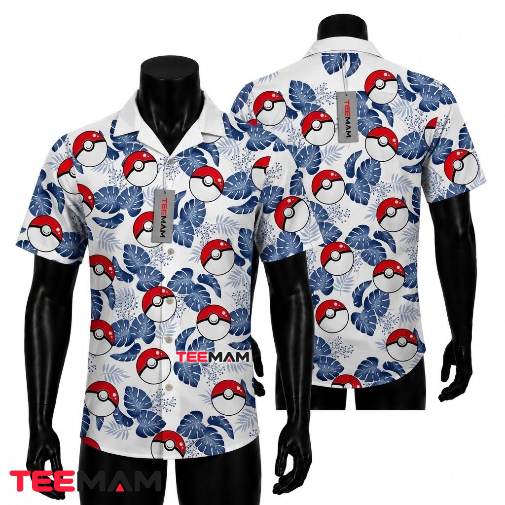 Pokemon Hawaiian Shirt Pokeball Monstera White Blue Front