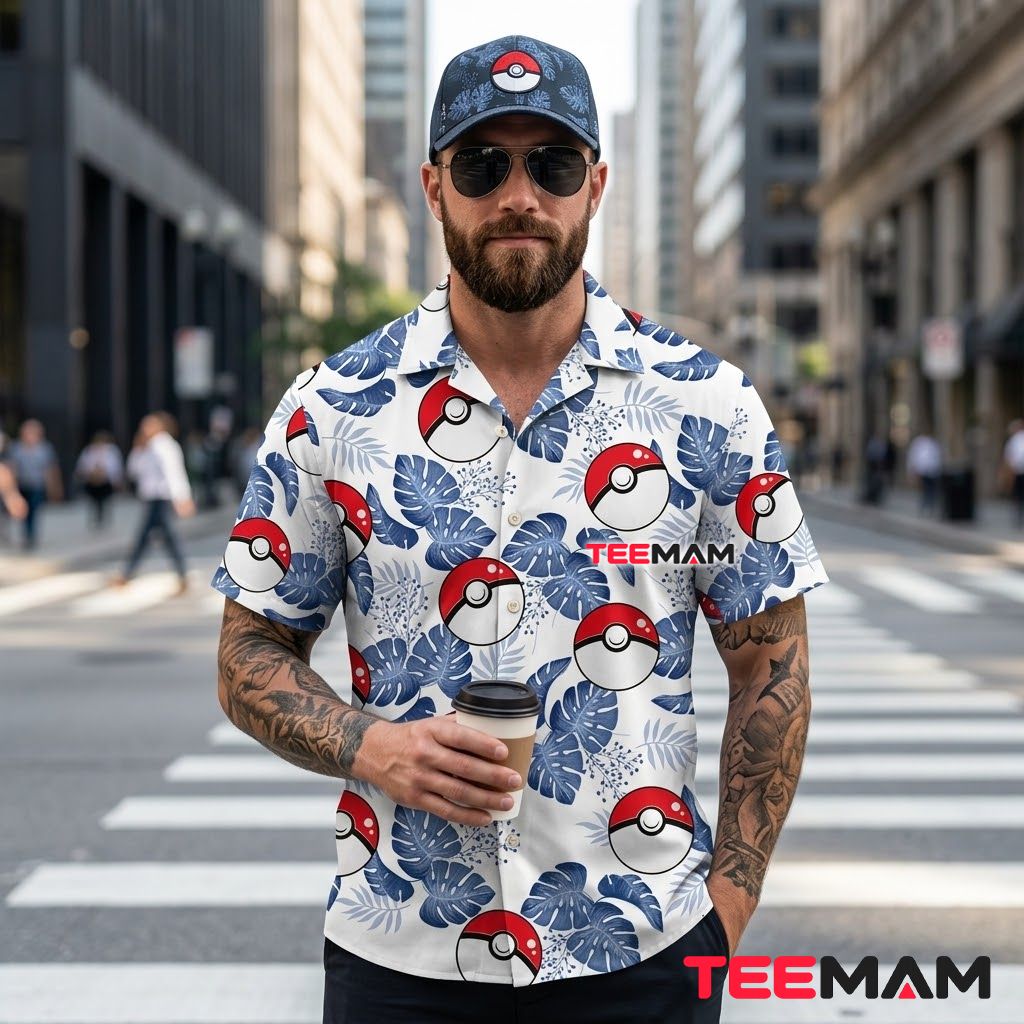 Pokemon Hawaiian Shirt Pokeball Monstera White Blue Back Pokemon Hawaiian Shirt Pokeball Monstera White Blue Back