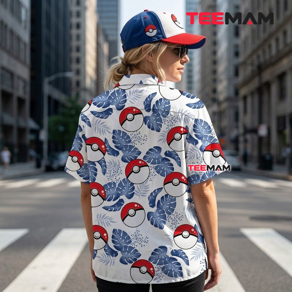 Pokemon Hawaiian Shirt Pokeball Monstera White Blue Version 3 Pokemon Hawaiian Shirt Pokeball Monstera White Blue Version 3