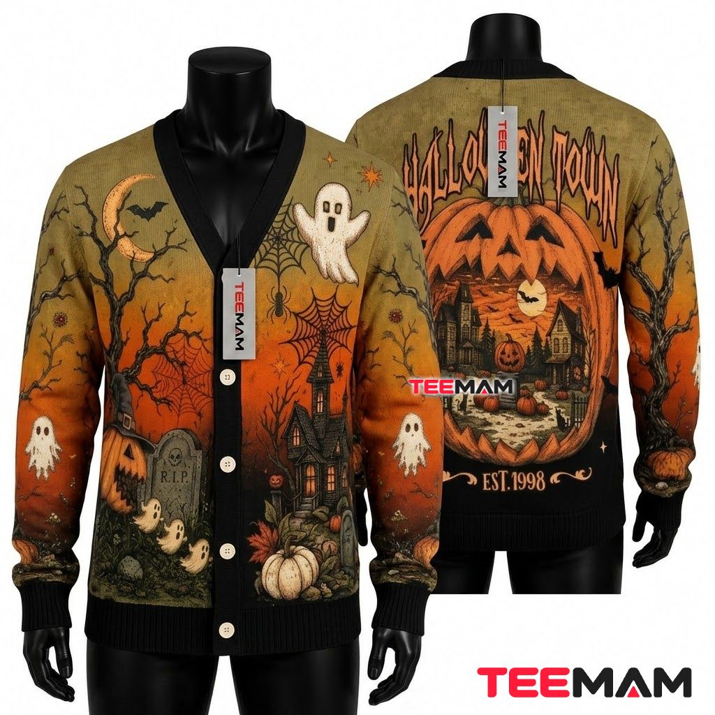 Pumpkin Halloween Cardigan Haunted House Graveyard 1