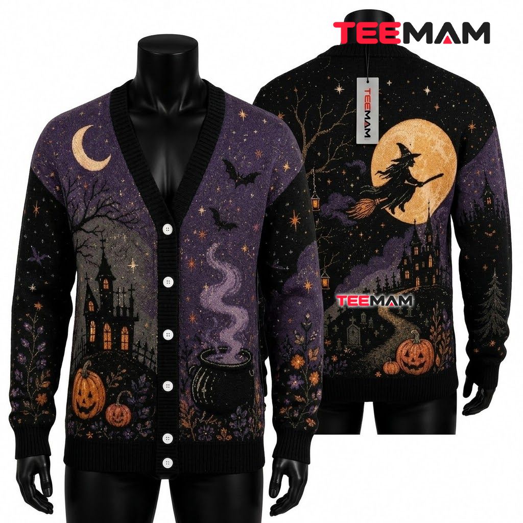 Purple Halloween Cardigan Haunted House Cauldron 1