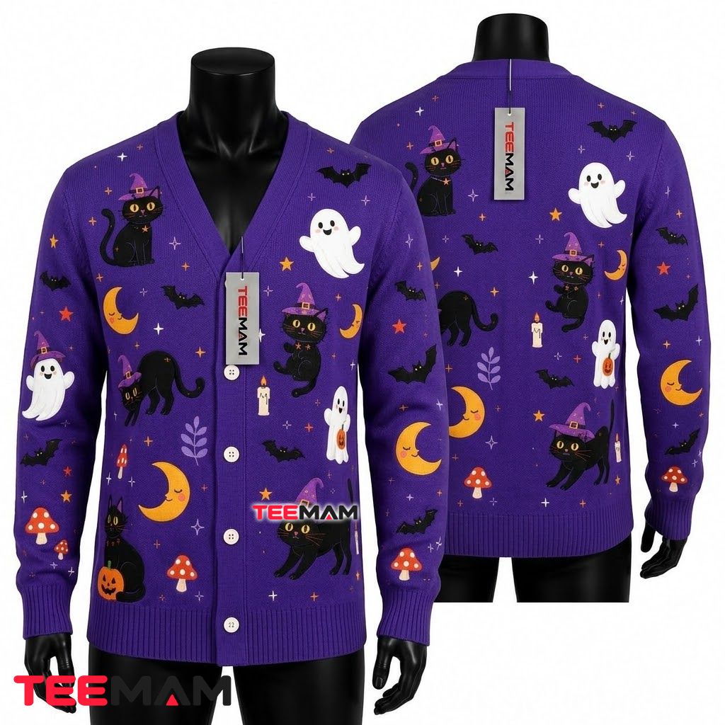 Purple Halloween Cardigan Witch Black Cat Ghost Moon 1
