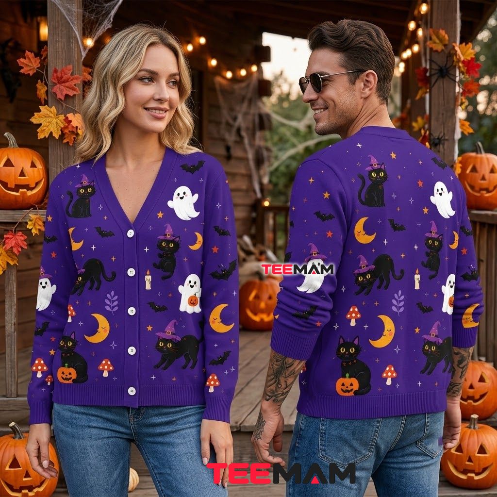 Purple Halloween Cardigan Witch Black Cat Ghost Moon 2 Purple Halloween Cardigan Witch Black Cat Ghost Moon 2