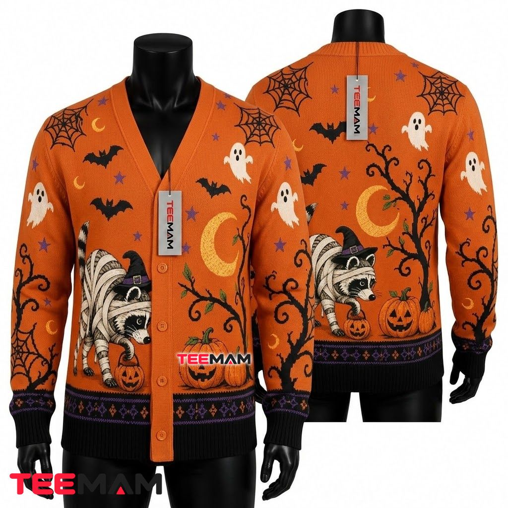 Raccoon Halloween Cardigan Mummy Costume Pumpkin Patch 1