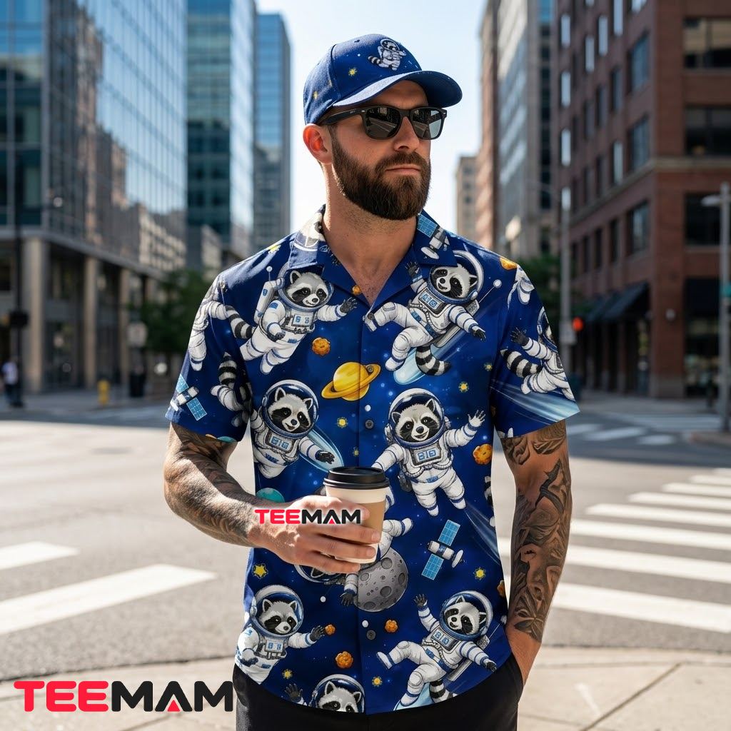 Raccoon Hawaiian Shirt Astronaut Space Blue Back Raccoon Hawaiian Shirt Astronaut Space Blue Back