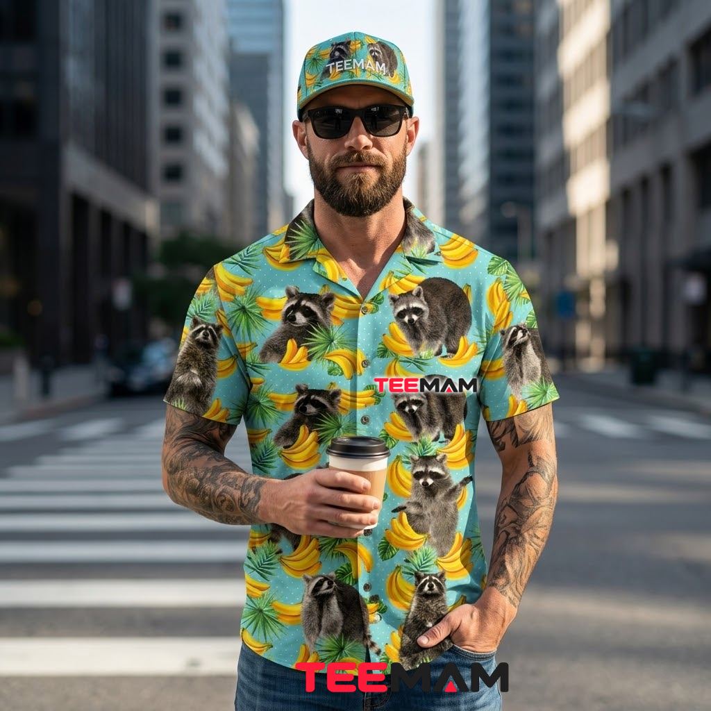 Raccoon Hawaiian Shirt Banana Turquoise Print Back Raccoon Hawaiian Shirt Banana Turquoise Print Back