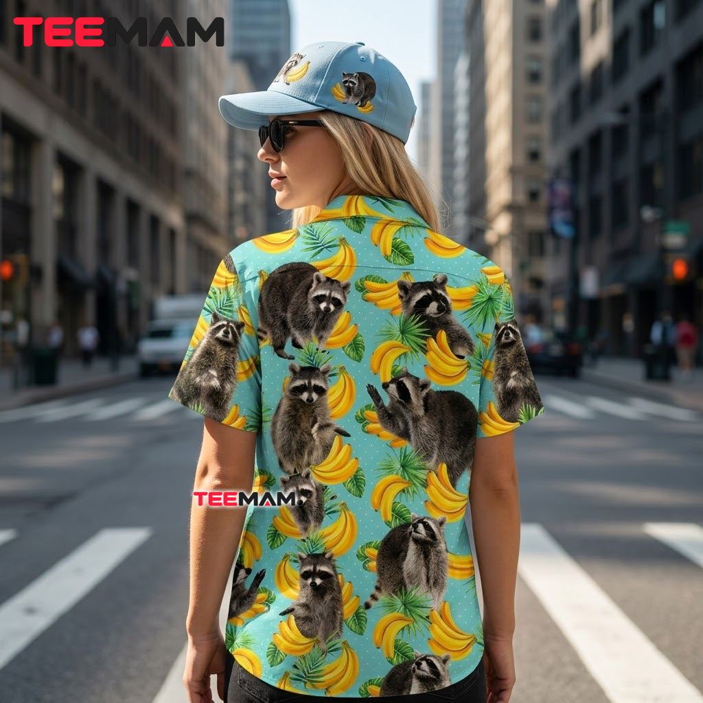 Raccoon Hawaiian Shirt Banana Turquoise Print Version 3 Raccoon Hawaiian Shirt Banana Turquoise Print Version 3