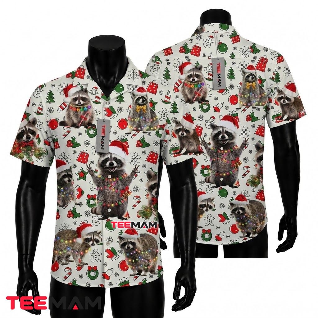 Raccoon Hawaiian Shirt Christmas Lights White Front