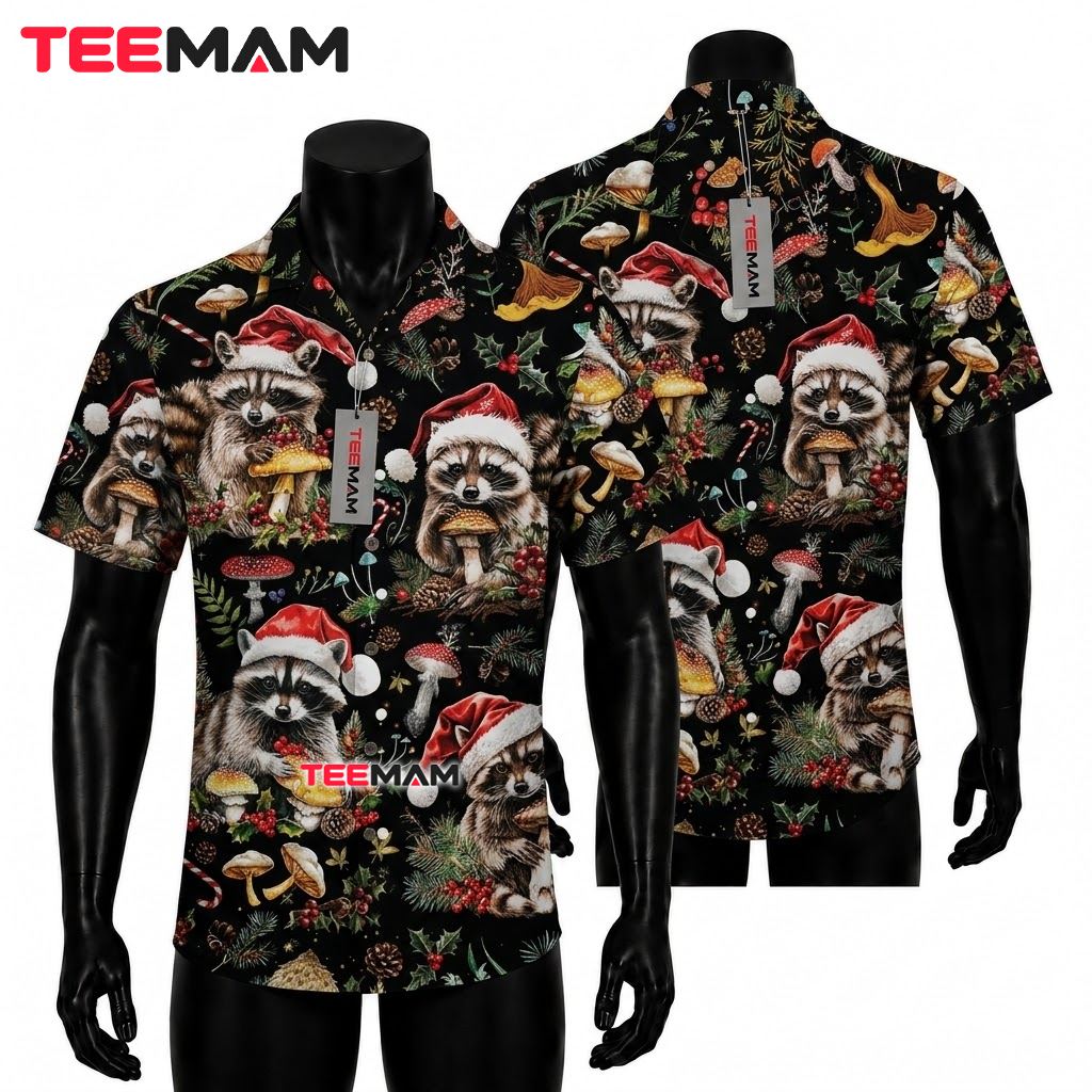 Raccoon Hawaiian Shirt Christmas Mushroom Santa Front