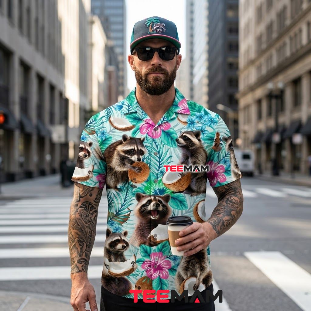Raccoon Hawaiian Shirt Coconut Hibiscus Teal Back Raccoon Hawaiian Shirt Coconut Hibiscus Teal Back
