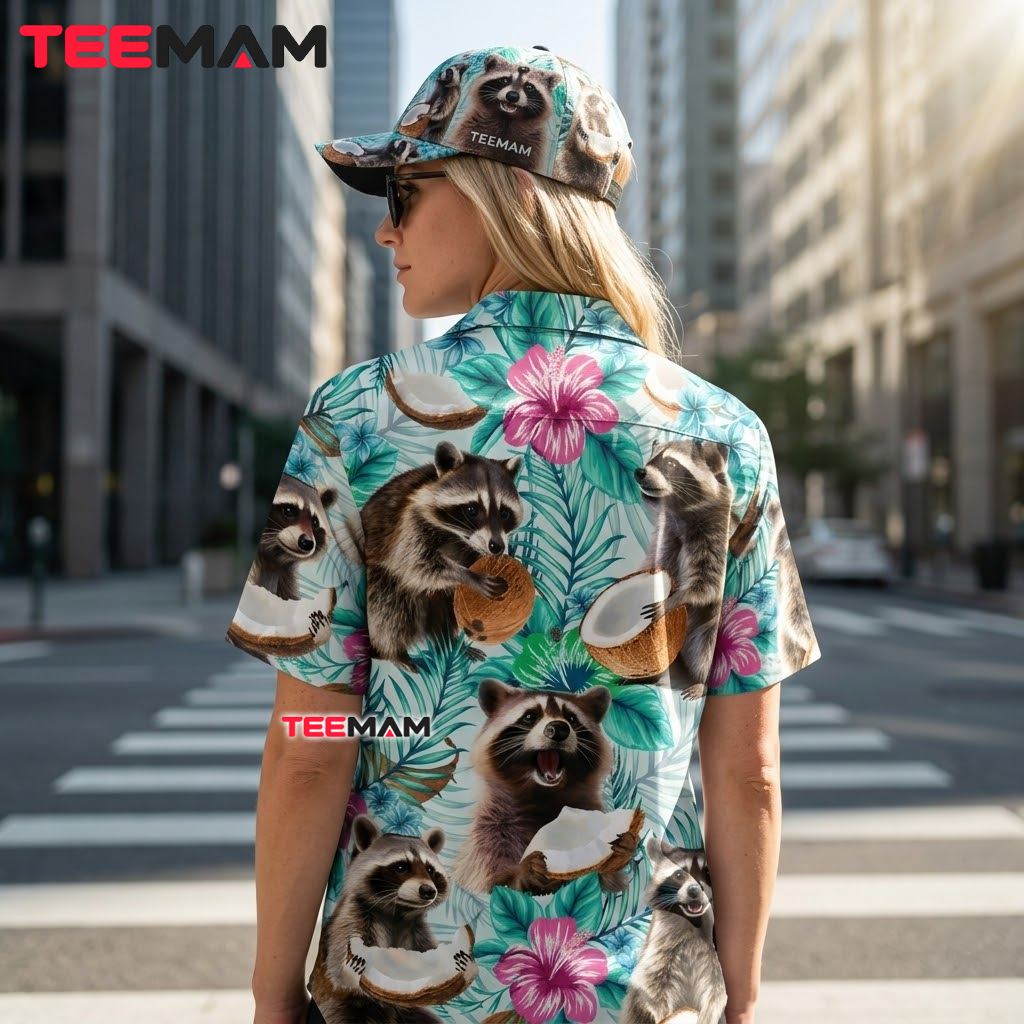 Raccoon Hawaiian Shirt Coconut Hibiscus Teal Version 3 Raccoon Hawaiian Shirt Coconut Hibiscus Teal Version 3