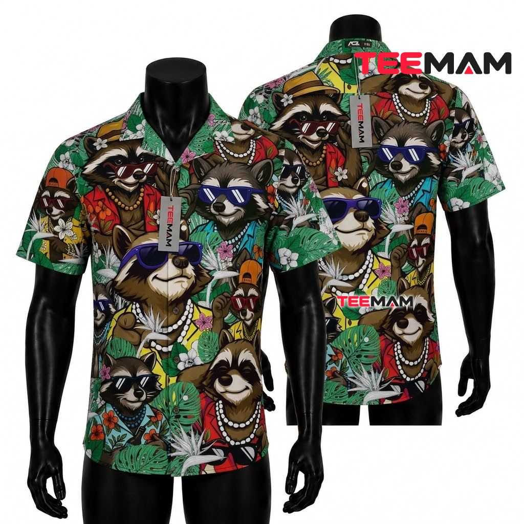 Raccoon Hawaiian Shirt Cool Gangster Green Front