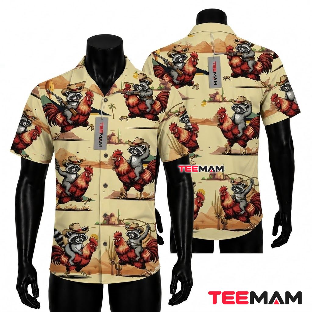 Raccoon Hawaiian Shirt Cowboy Rooster Desert Front