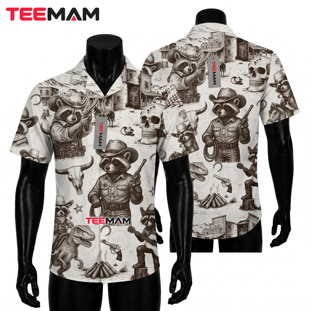 Raccoon Hawaiian Shirt Cowboy Western Sketch Front