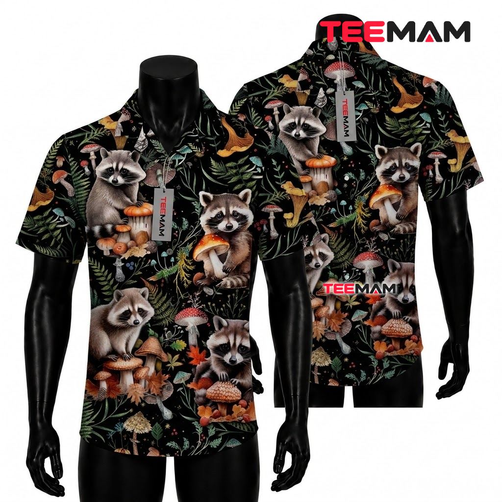 Raccoon Hawaiian Shirt Forest Mushroom Autumn Front