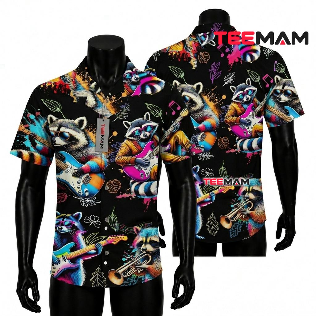 Raccoon Hawaiian Shirt Guitar Band Neon Front