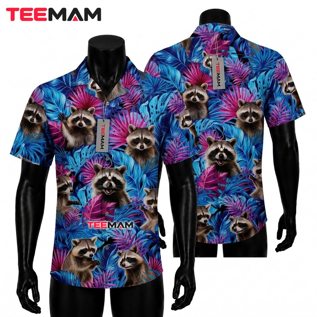 Raccoon Hawaiian Shirt Neon Tropical Blue Front