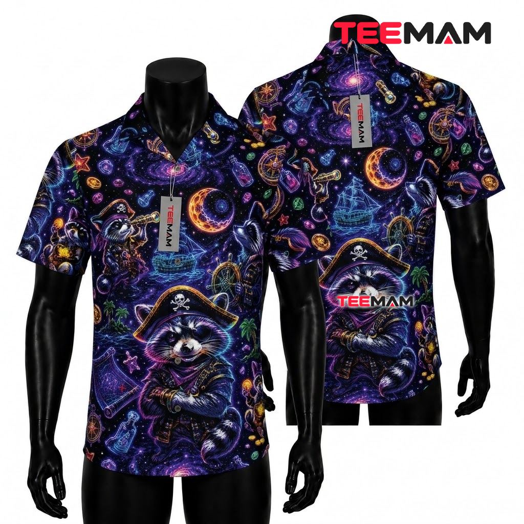 Raccoon Hawaiian Shirt Pirate Neon Purple Front