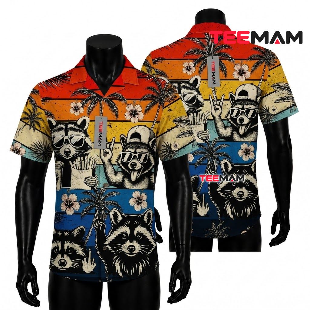 Raccoon Hawaiian Shirt Retro Sunset Cool Front