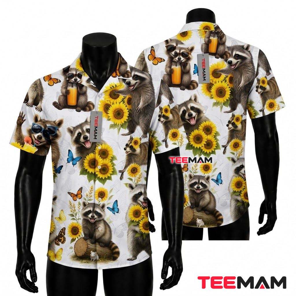 Raccoon Hawaiian Shirt Sunflower Butterfly White Front