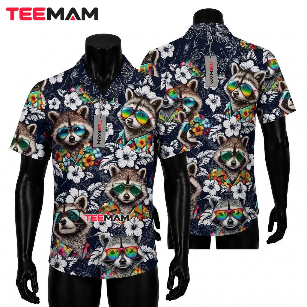 Raccoon Hawaiian Shirt Coconut Hibiscus Teal Raccoon Hawaiian Shirt Coconut Hibiscus Teal