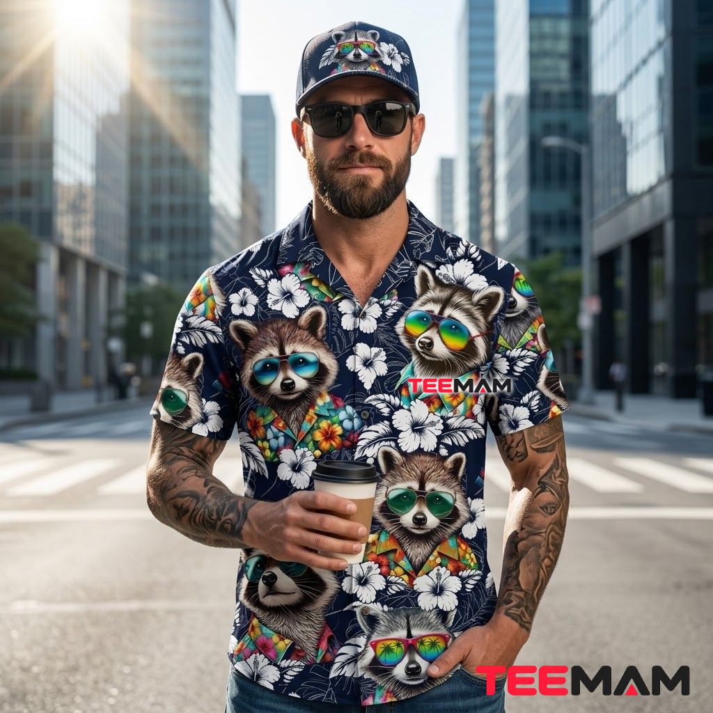 Raccoon Hawaiian Shirt Sunglasses Navy Floral Back Raccoon Hawaiian Shirt Sunglasses Navy Floral Back