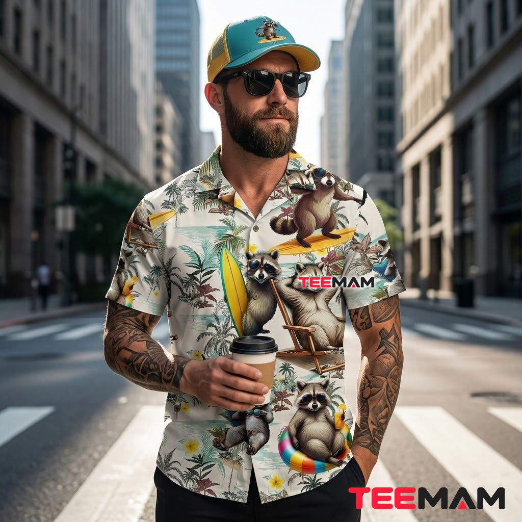 Raccoon Hawaiian Shirt Surfing Sunglasses White Back Raccoon Hawaiian Shirt Surfing Sunglasses White Back