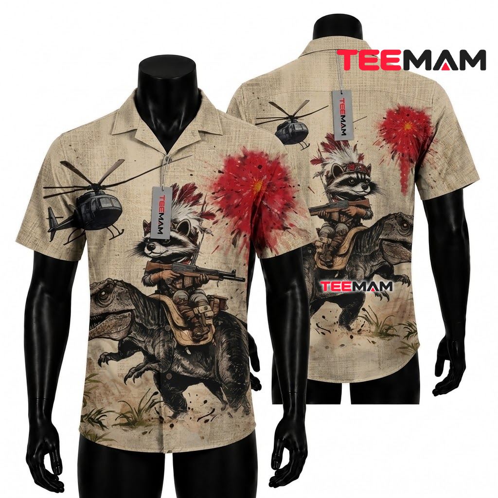 Raccoon Hawaiian Shirt Trex Warrior Beige Front