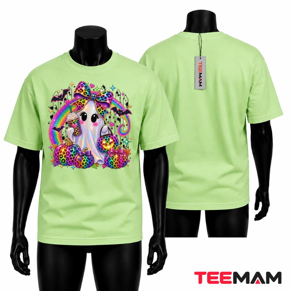 Rainbow Leopard Ghost Halloween T-Shirt Pumpkin Bow