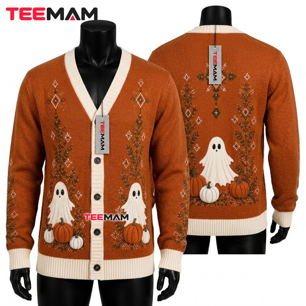 Rust Halloween Cardigan Ghost Pine Pumpkin 1